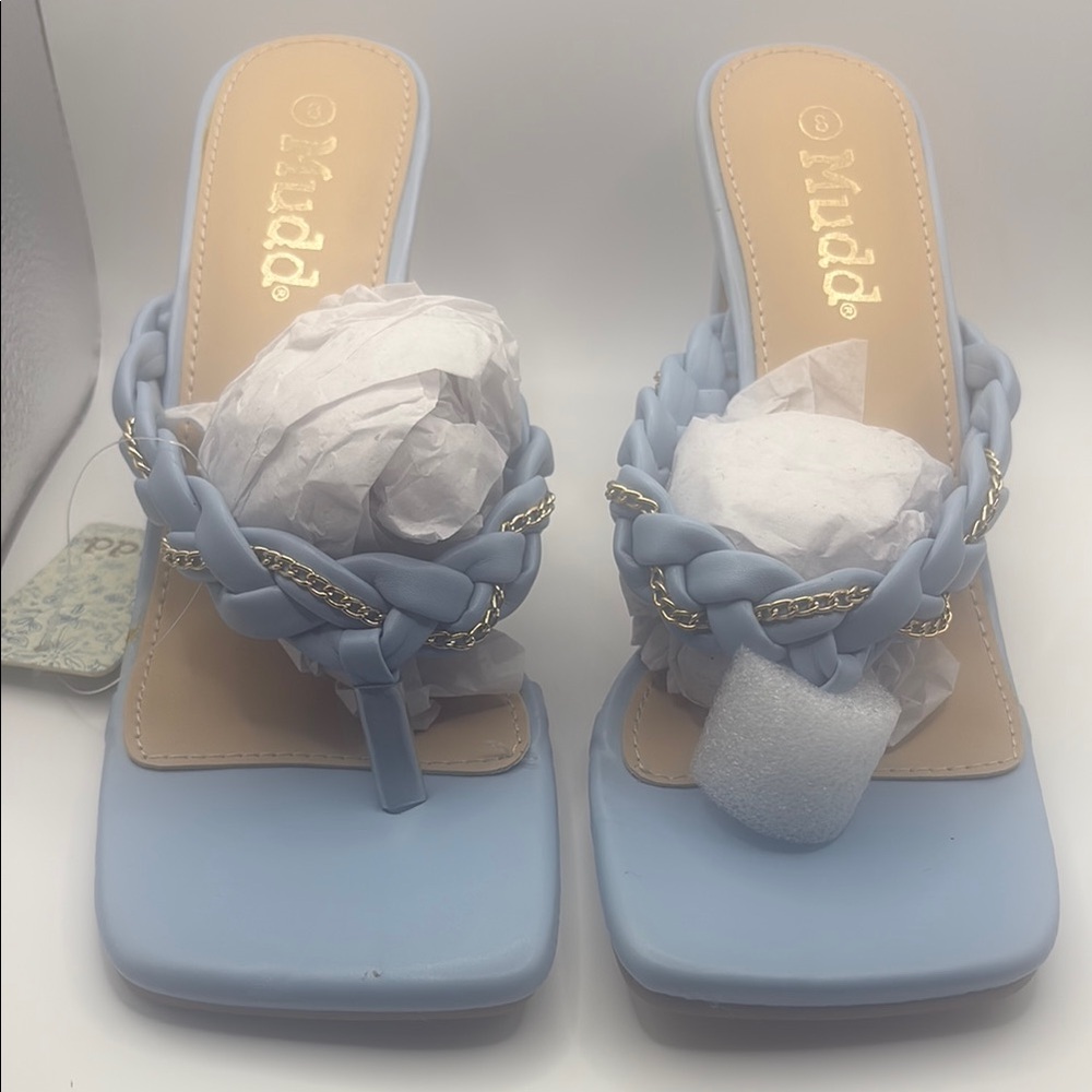 Mudd Blue Denim Mules with Ruffled Straps Size 8